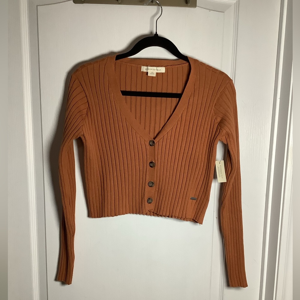 NWT Aeropostale Brown Ribbed Cropped Button-Up Cardigan